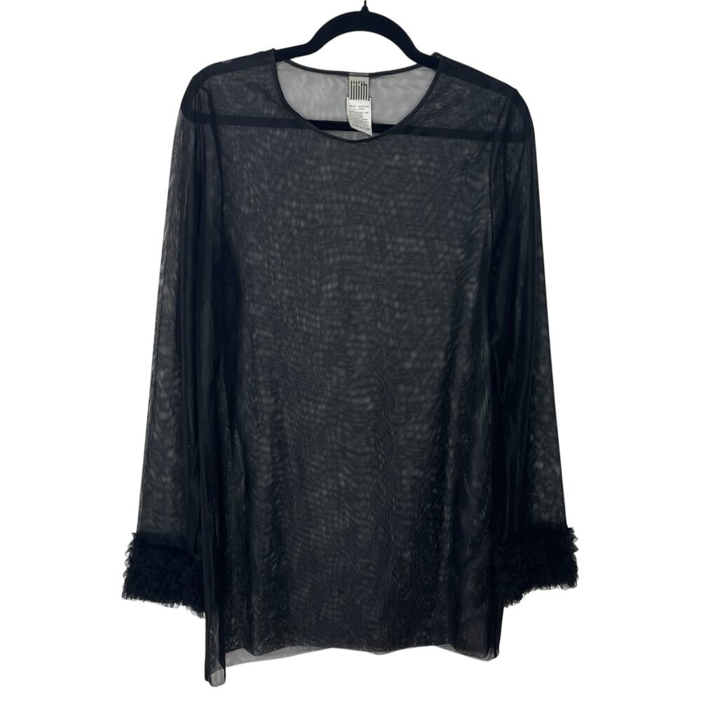 Lilith Womens Top M Black Mesh Nylon Ruffle Cuff Sheer Goth Rave Grunge France